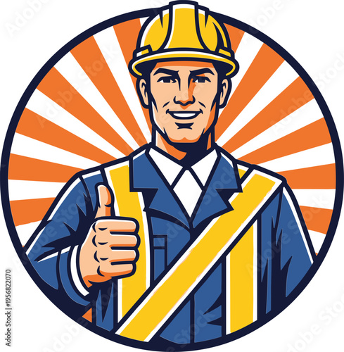 Confident construction worker giving thumbs up with safety helmet and reflective vest, retro badge style illustration symbolizing trust, quality service, reliability, and professional workmanship
