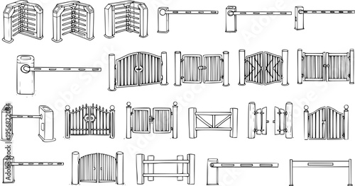 Hand-drawn vector outline icons set featuring various gates, automatic barriers, turnstiles, and access control systems. Ideal for security, entry point, and architectural designs.