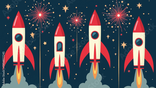 Set of 4 rocket ships blasting off into space vector