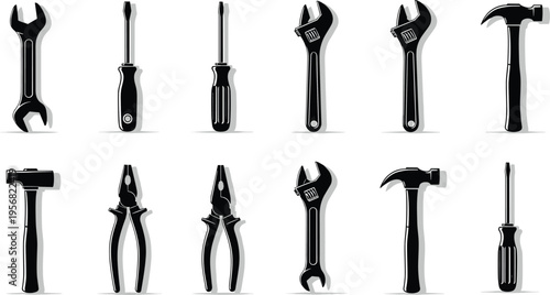 Hand tools silhouettes set including wrench, screwdriver, pliers and hammer, construction equipment icons, repair toolkit collection, industrial maintenance and DIY work concept