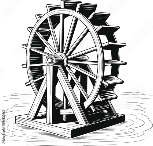 Vintage water wheel vector illustration, detailed wooden mill wheel engraving style line art, traditional hydro power machine graphic, black and white rural energy design for agriculture use