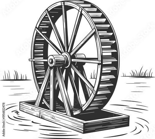 Vintage water wheel vector illustration, wooden mill wheel line art, traditional hydro power machine design, black and white rural energy equipment graphic for agriculture and history use