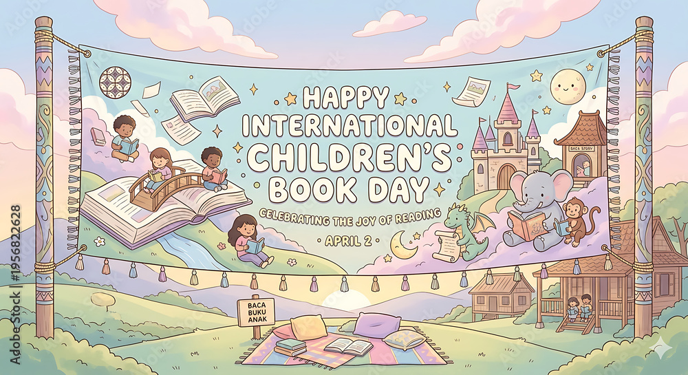 Naklejka premium AI illustration for International Children's Book Day, featuring children reading in a magical landscape, promoting literacy, imagination, and the joy of stories