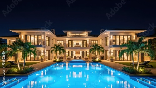 A luxurious modern mansion with a large swimming pool at night
