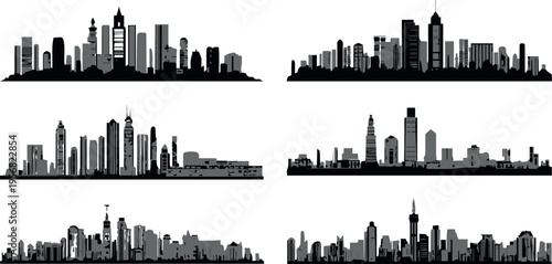 Skyline silhouettes from world cities with landmarks