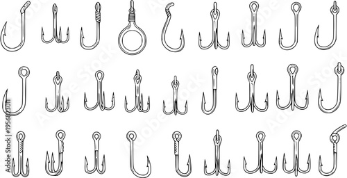 Detailed collection of various fishing hooks in sketch style. Hand-drawn vector illustration featuring diverse single, double, and treble fish hooks, ideal for tackle and angling concepts.