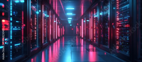 Futuristic data center corridor with reflective floor, long rows of server racks lit by blue and magenta LED lights and glowing network equipment, conveying a sleek high-tech mood