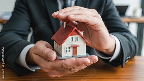 A businessman protecting a small house with his hands in an office