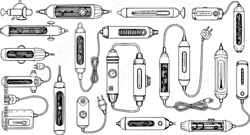 Hand-Drawn Aquarium Heaters and Filters Line Art Set. Diverse designs of aquatic temperature regulators, water pumps, and purification devices for fish tanks.