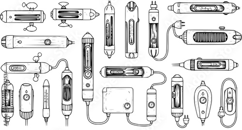 Hand-drawn set of various aquarium heaters and vintage immersion heating elements, isolated black and white line art vector illustration.