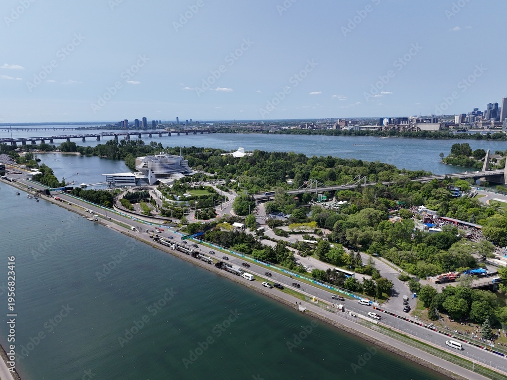 Fototapeta premium 14th of June 2025. Helicopter flight view of the Formula 1 Circuit Gilles Villeneuve in Montreal. Quebec, Canada