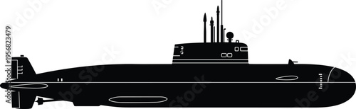 Submarine silhouette isolated on white background, military naval vessel underwater transport concept, marine defense technology, ocean exploration and strategic warfare illustration design