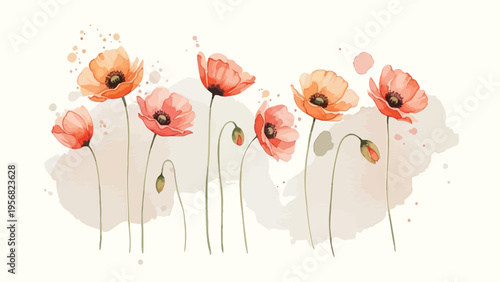 Watercolor poppies bloom softly against gentle washes. Petals glow warm, delicate stems sway with quiet grace. Background whispers with soft, dreamy watercolor smudges. Ideal for romantic, serene