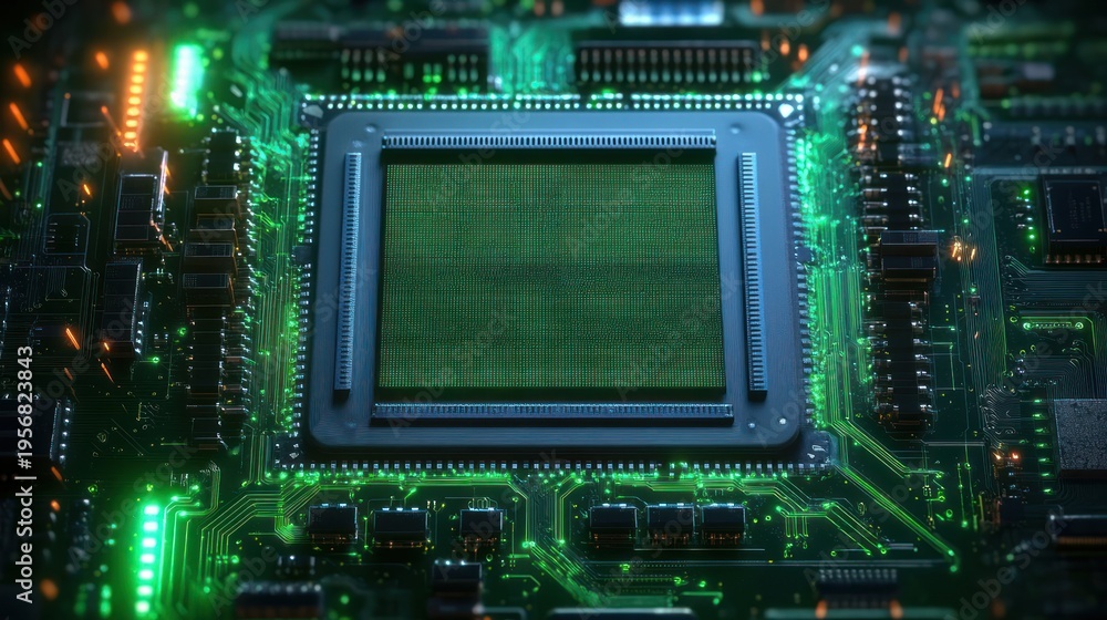 Fototapeta premium Close-up of a glowing central processor on a green illuminated circuit board, surrounded by electronic components and luminous traces, conveying a futuristic energetic pulse