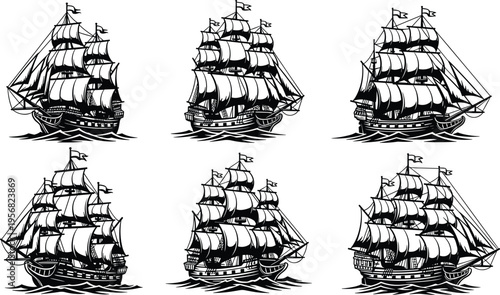 Vintage sailing ship silhouettes collection isolated on white background, historic tall ships, maritime transport, naval exploration and pirate era illustration for nautical design use
