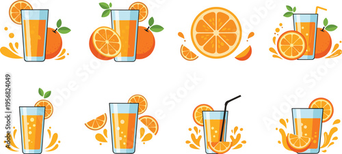 Fresh Orange Juice with Slices, Glasses, and Splash for Refreshing Beverage Illustrations