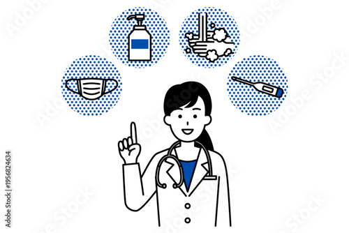 風邪予防の4つの方法（マスク・消毒・手洗い・検温）を案内する医師の女性