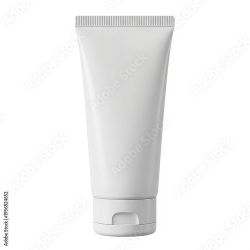 Empty tube of white cream or lotion standing upright against a plain background