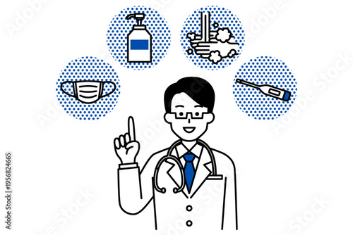 風邪予防の4つの方法（マスク・消毒・手洗い・検温）を案内する医師の男性