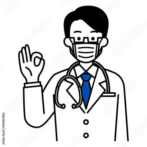 マスクをつけてOKサインをする医師の男性