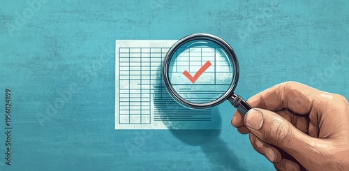 hand holding magnifying glass over a grid document revealing a red check mark, conveying inspection and approval