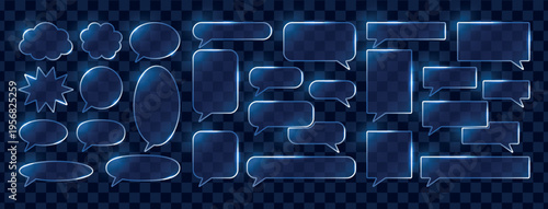 Large set of glassmorphism speech bubbles for chat transparent UI elements on dark blue background