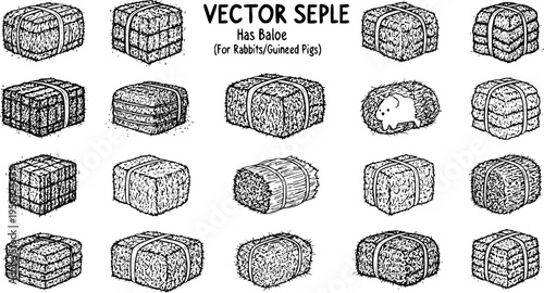 Vector illustration set of hand-drawn hay bales for rabbits and guinea pigs, featuring different shapes and a pet in hay, black and white line art.