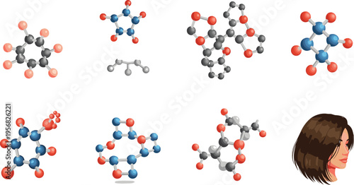 Hair Chemistry Molecule Vector Set with Cosmetic Compounds Protein Structure and Beauty Science Illustration for Skincare and Trichology Design