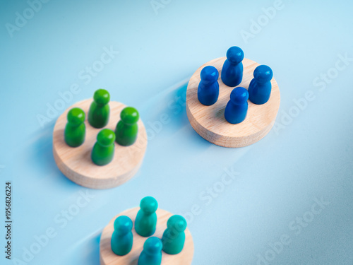 Cross functional team concept with different colored groups on separate platforms. Department collaboration, organizational structure, teamwork, partnership, business competition, stakeholder.