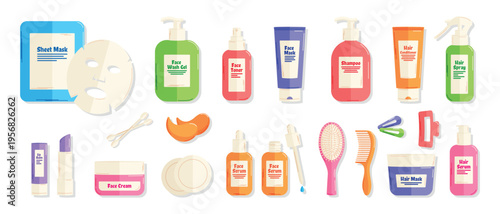 Bright set of cosmetic containers for face and hair care masks cream serums shampoo accessories in flat style