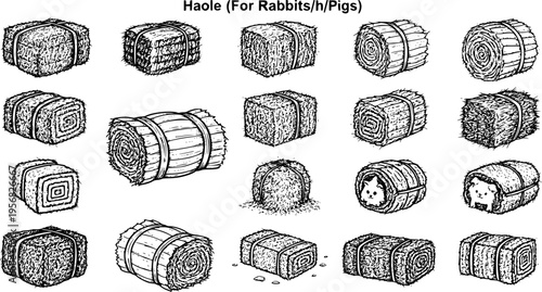 Hand-drawn vector set of various hay and straw bales in different shapes (square, rectangular, round, loose), featuring cute cartoon rabbits and pigs peeking out, ideal for farm animal feeding 