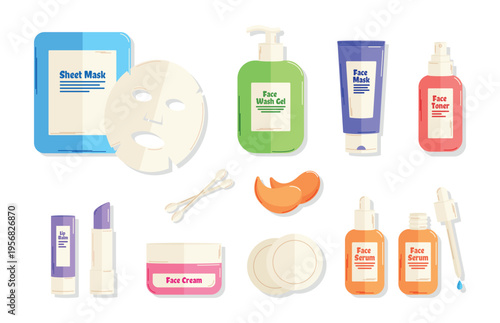 Bright face care cosmetics set in flat style sheet mask serum cream gel and lip balm vector illustration