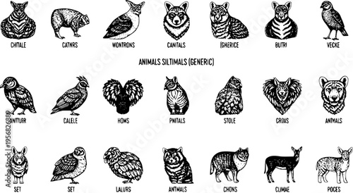Hand Drawn Generic Animals Illustrations Set. Vintage Black and White Wildlife Silhouettes Collection with Sketchy Character Icons.