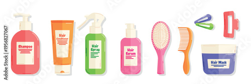 Bright set of cosmetic containers for hair care shampoo conditioner mask serum and accessories in flat style