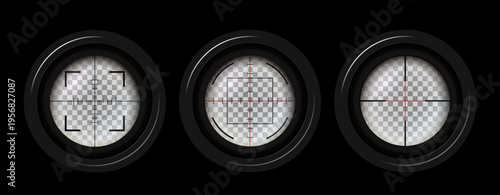 Photorealistic detailed sniper rifle scope aim pack isolated. Crosshair holographic sight. Aim shoot focus cursor. Bullseye mark targeting. Game aiming sight dot pointer. Vector illustration