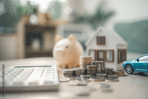 Billede på lærred Personal finance planning with calculator, coins, piggy bank, house model and car representing budgeting, savings strategy, loan calculation and property investment management
