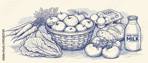 Farm market food set outline sketch vector illustration