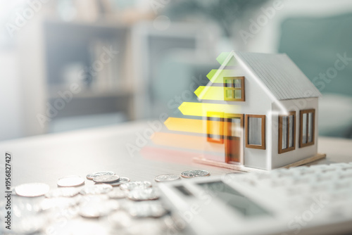 Foto Energy efficiency rating displayed on a model house with calculator and coins, representing home energy audit, cost savings, and sustainable housing
