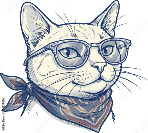 Cat sunglasses bandana minimal brush sketch vector illustration
