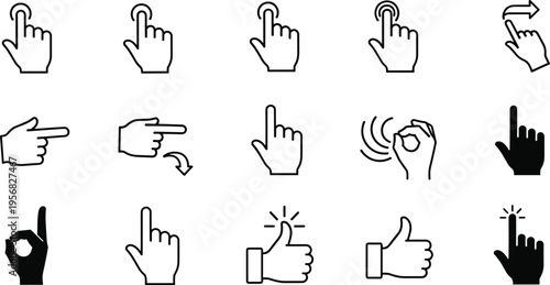 Hand Gesture Icon Set Including Click Tap Swipe Like Dislike OK Sign Pointing and Touchscreen Interaction Symbols for UI UX Apps and Digital Interfaces