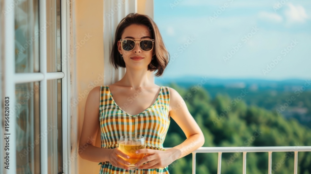 Fototapeta premium A stylish woman with sunglasses and a vibrant checkered dress stands on a sunlit balcony holding a cool beverage overlooking a beautiful natural landscape under a clear blue sky
