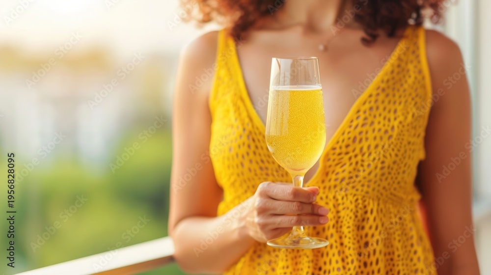Fototapeta premium Close up of a woman wearing a vibrant yellow dress holding a flute filled with a bubbly golden sparkling drink on a sunlit balcony with a blurred green outdoor background