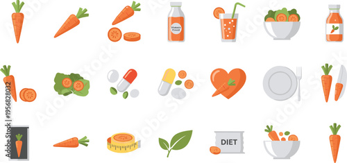 Healthy Carrot Diet and Nutrition Icons Set, Featuring Carrots, Juices, Supplements, and Healthy Meal Concepts for Wellness Designs