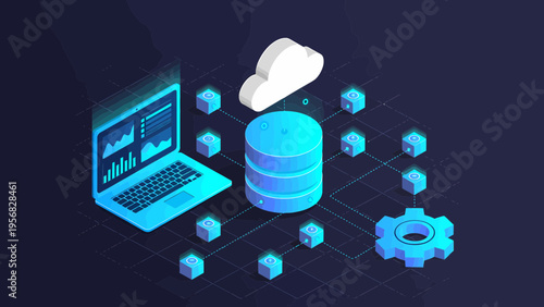 A vibrant abstract illustration depicts a laptop connected to a cloud and database.