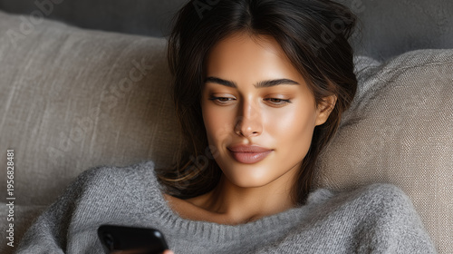 Dark hair woman checking smartphone on sofa