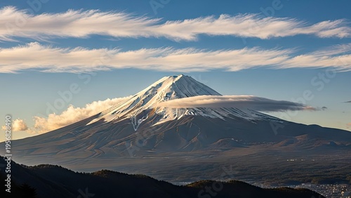 A majestic snow-capped mountain stands tall under a blue sky with wispy clouds