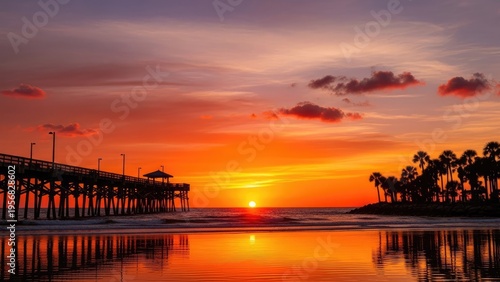 A serene beach scene at sunset with a pier and palm trees