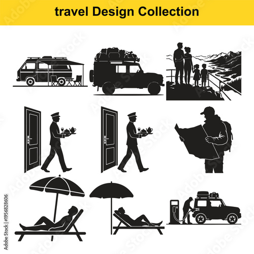 Minimalist Travel & Adventure Silhouette Set - 9 Vacation Vector Icons, Hiking and Tourism Graphics for Branding and Web Design