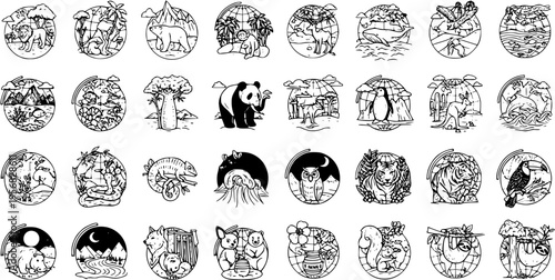 Collection of diverse animal and nature illustrations in black and white line art. Features global wildlife in their natural habitats, often within round frames.