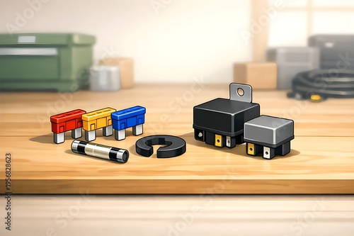 Minimalist lifestyle illustration of car fuses and relays.
